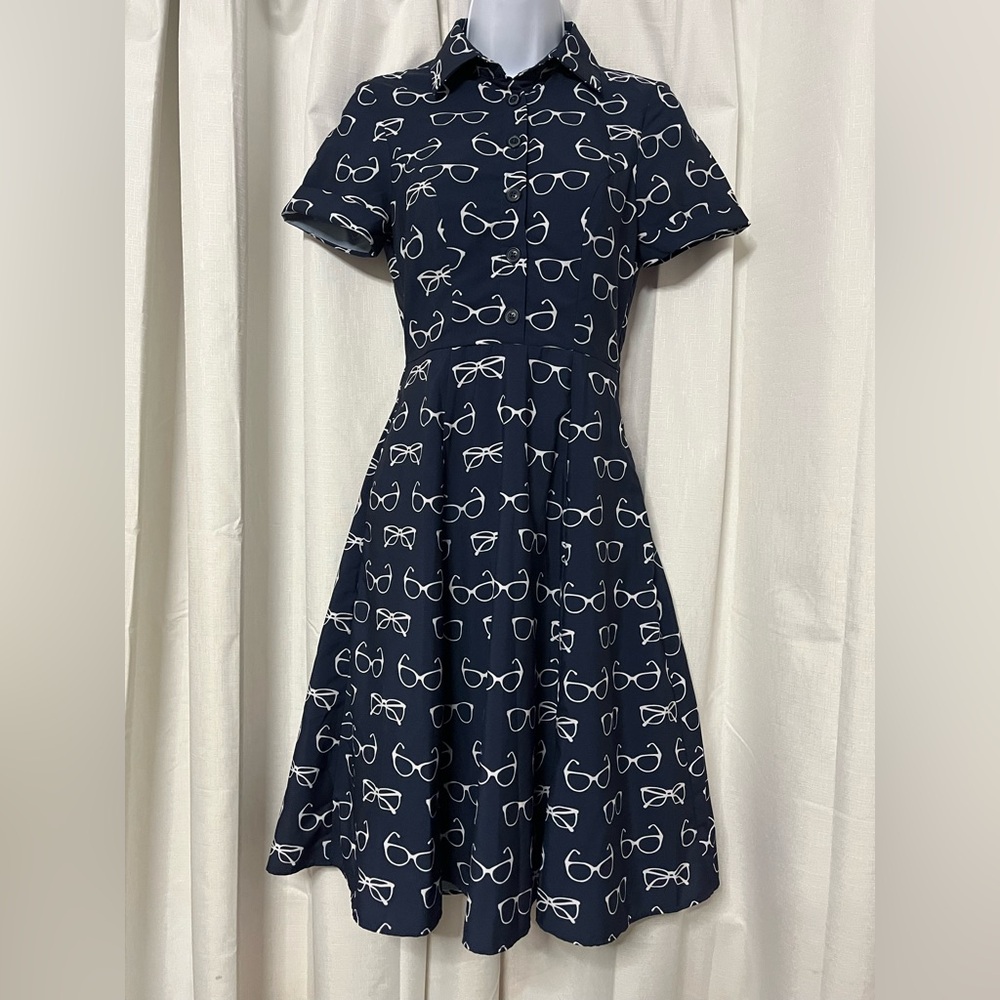 eShakti Women’s Eyeglass Print Crepe Shirt dress Size 0 NWOT